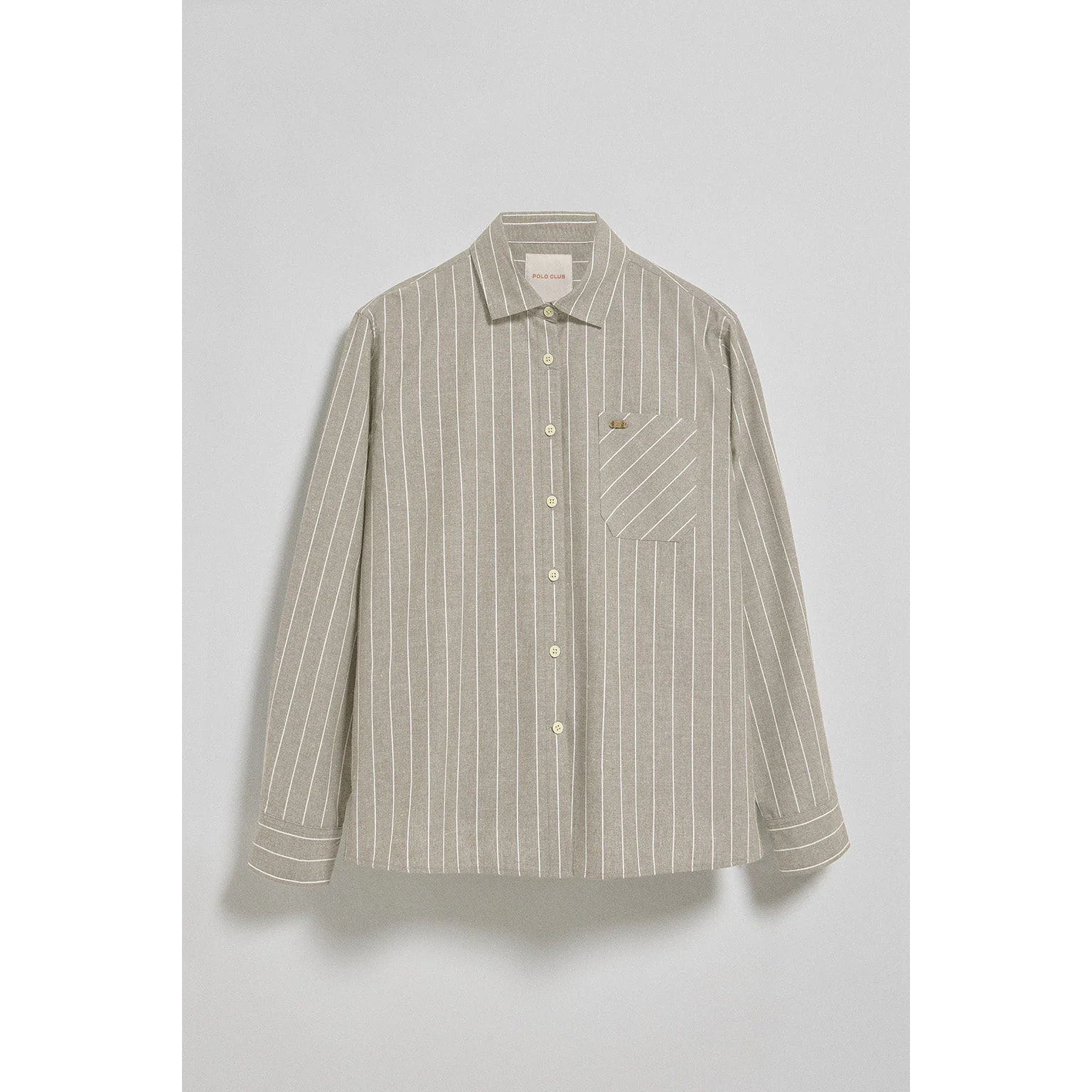 Camisa beige Scarlet a rayas loose fit con botón nacarado