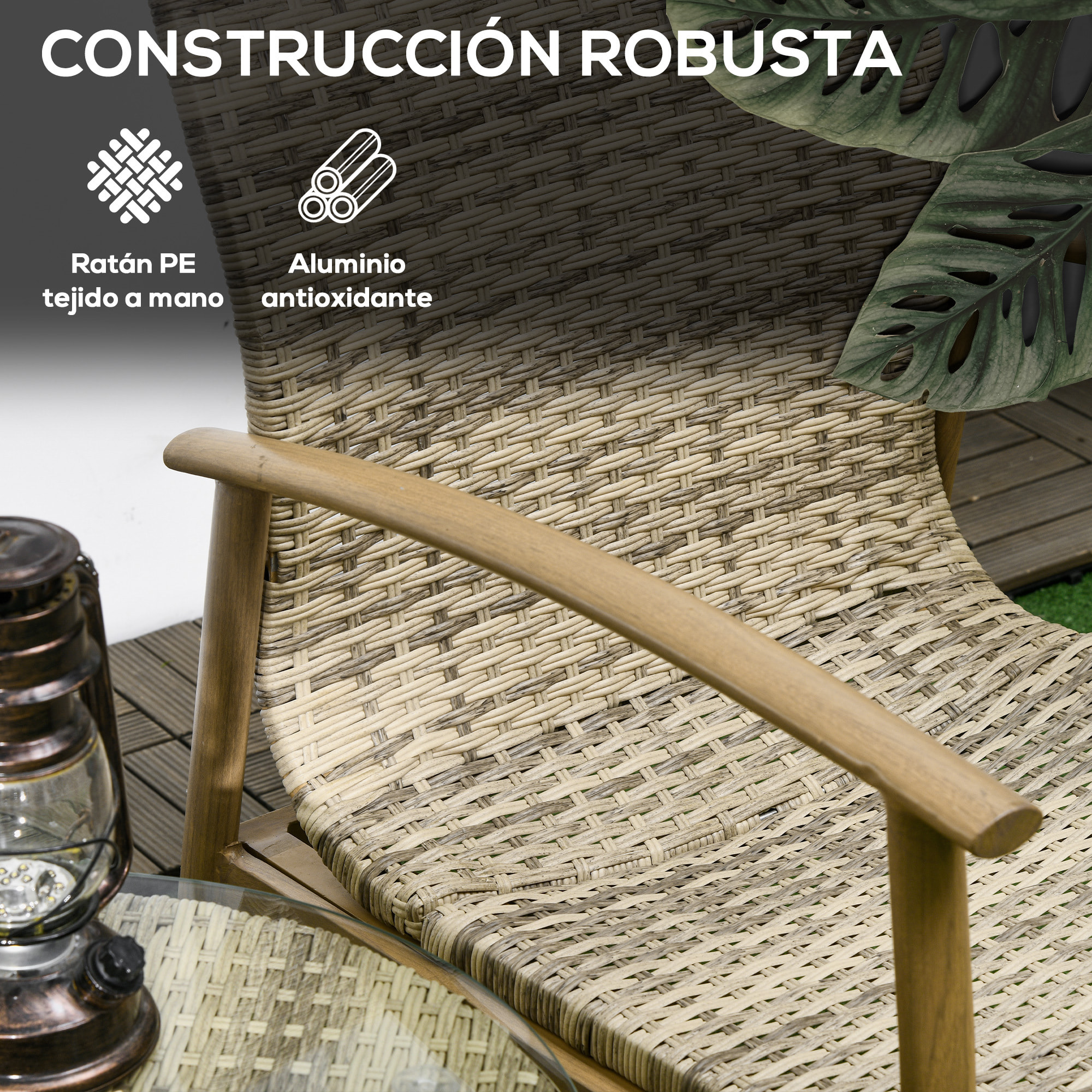 Conjunto de Mesa y Sillas de Jardín para Exterior Juego de 3 Piezas Sillas y Mesa de Ratán con Marco de Aluminio Incluye 2 Sillas 1 Mesa de Vidrio Templado y Cojines Natural y Marrón