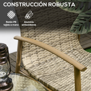 Conjunto de Mesa y Sillas de Jardín para Exterior Juego de 3 Piezas Sillas y Mesa de Ratán con Marco de Aluminio Incluye 2 Sillas 1 Mesa de Vidrio Templado y Cojines Natural y Marrón