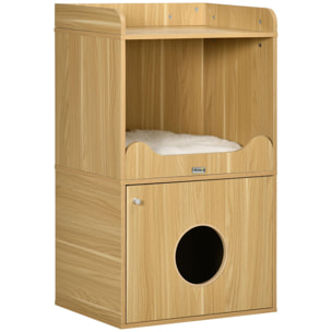 Maison de toilette chat - porte, niche avec coussin, plateau - panneaux aspect bois clair