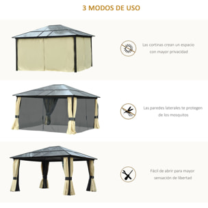 Cenador de Jardín 4,2x3,6 m Pabellón de Aluminio Exterior con Techo de Policarbonato 4 Cortinas Laterales y 4 Mosquiteras con Cremallera para Fiestas Eventos Marrón