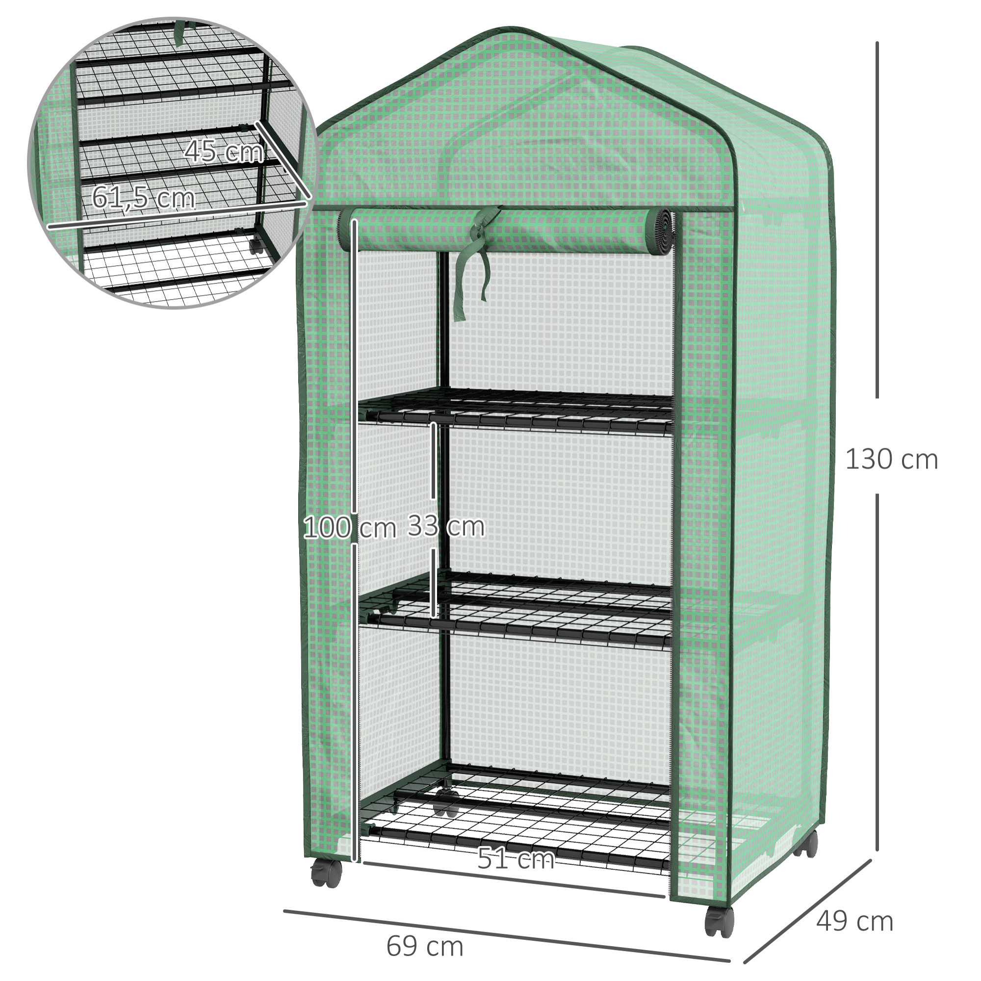 Mini serre de jardin 3 étagères porte enroulable 4 roulettes PE