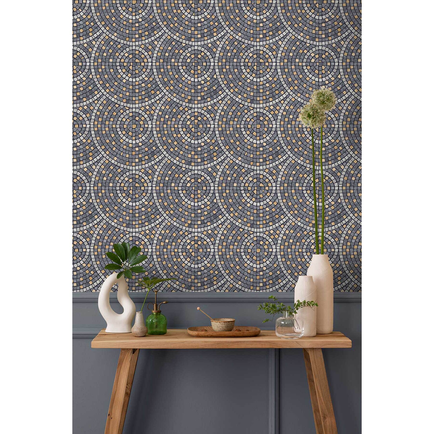 Papier peint mosaïque cercles gris et or