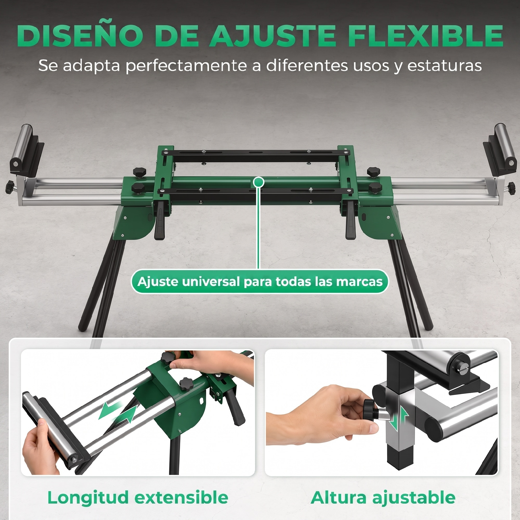 Soporte de Sierra Ingletadora Plegable, Universal con 2 Rodillos de Apoyo, Banco de Trabajo Extensible con Altura y Ancho Ajustable, Estructura Metálica Reforzada, Sistema Fijación Carga 200 kg