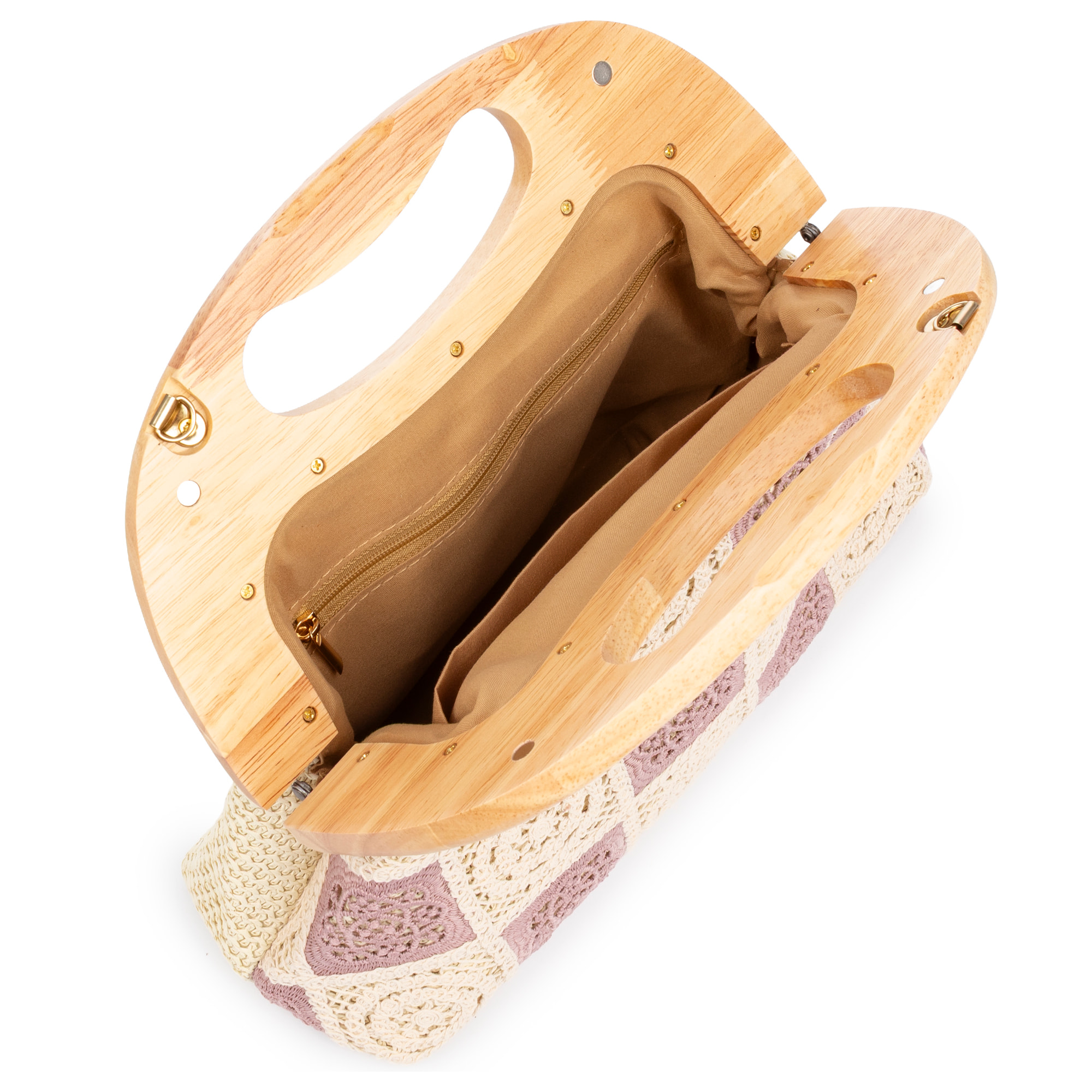 Barbaira Bolso de mano Mujer. Fabricado en madera natural y algodón.