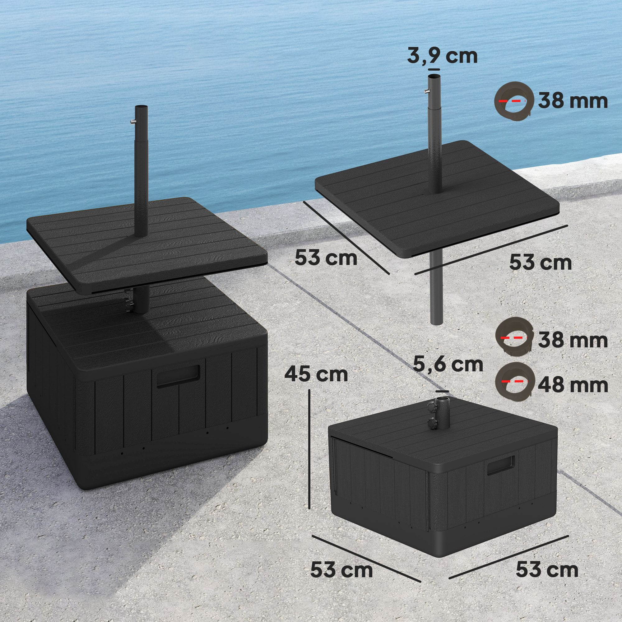 Base para Sombrilla Exterior 3 en 1, Mesa Auxiliar Ajustable, Macetero con Orificio de Drenaje, Soporte de Parasol Rellenable Arena 80 kg con Ruedas y Asas, para Postes Ø38 y Ø48 mm, Negro