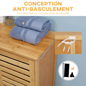 Meuble salle de bain bois bambou 2 portes 2 étagères dim. 60 x 30 x 120 cm naturel