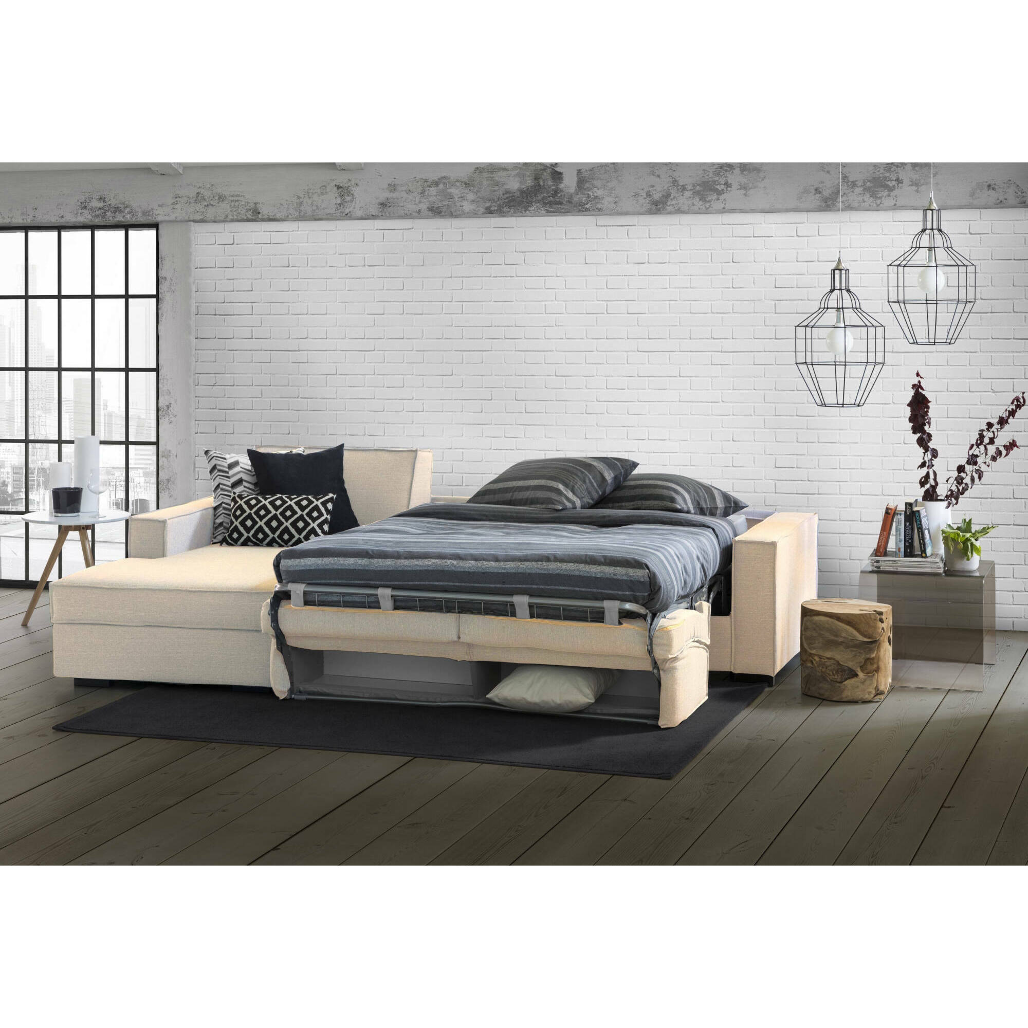 Divano letto con penisola Albenga, Sofà apertura girevole, Penisola contenitore Sinistra, Braccioli slim, 100% Made in Italy, Cm 260x95h90, Beige