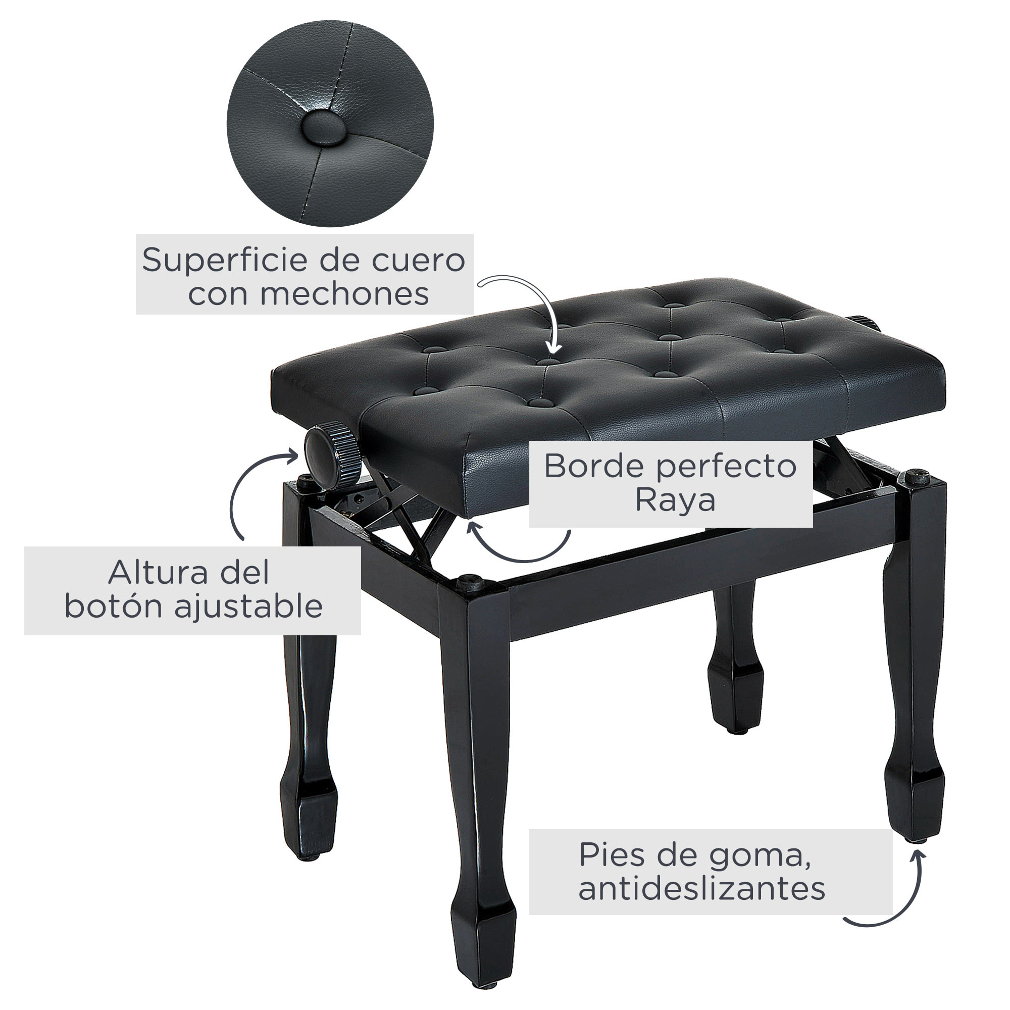 Banco de Piano, Altura Ajustable, Banqueta de Piano con Asiento de Cuero Sintético, Patas de Madera, Carga Máxima 200 kg, 64x35x55 cm, Negro
