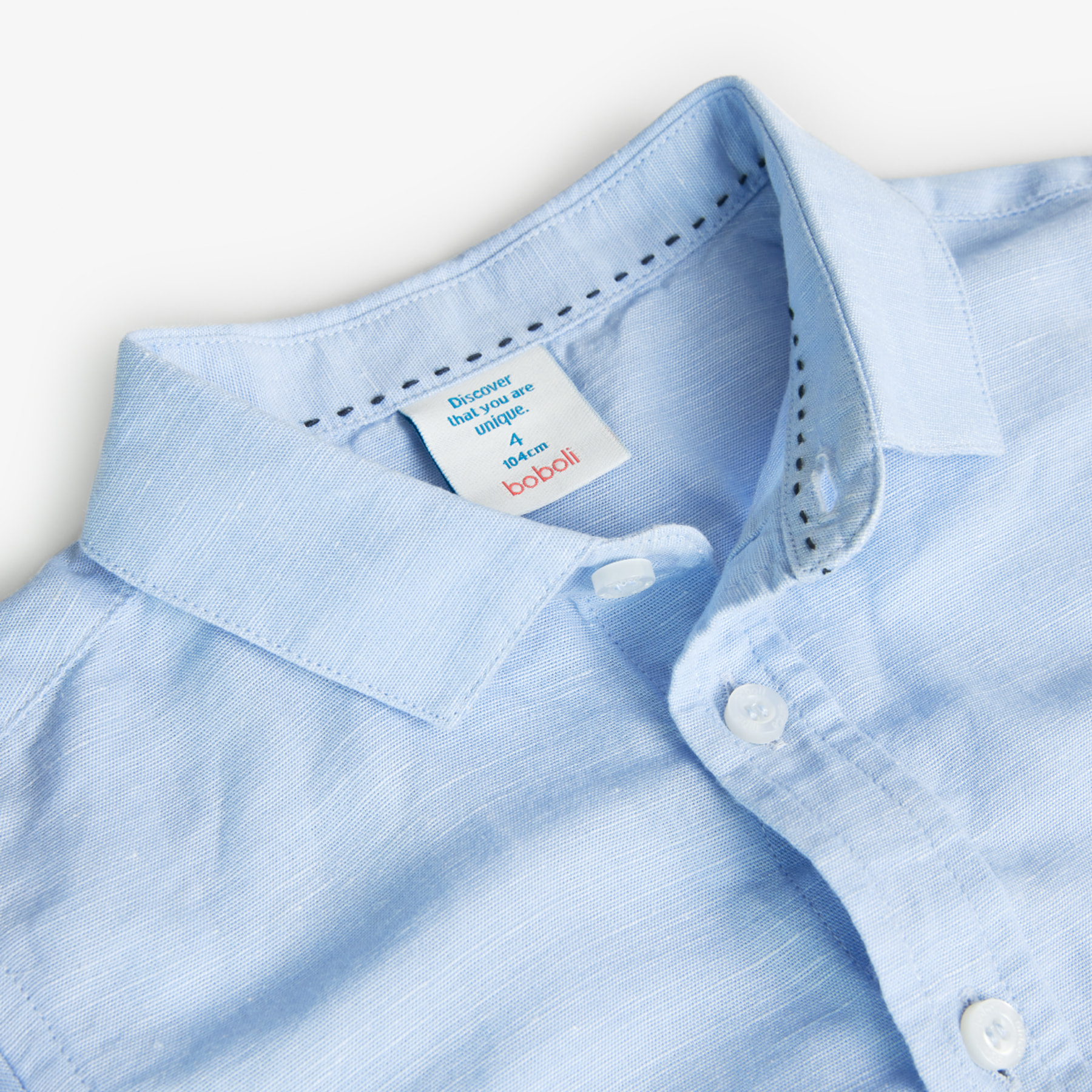Camisa de lino niÃ±o, cuello camisero, manga larga, azul