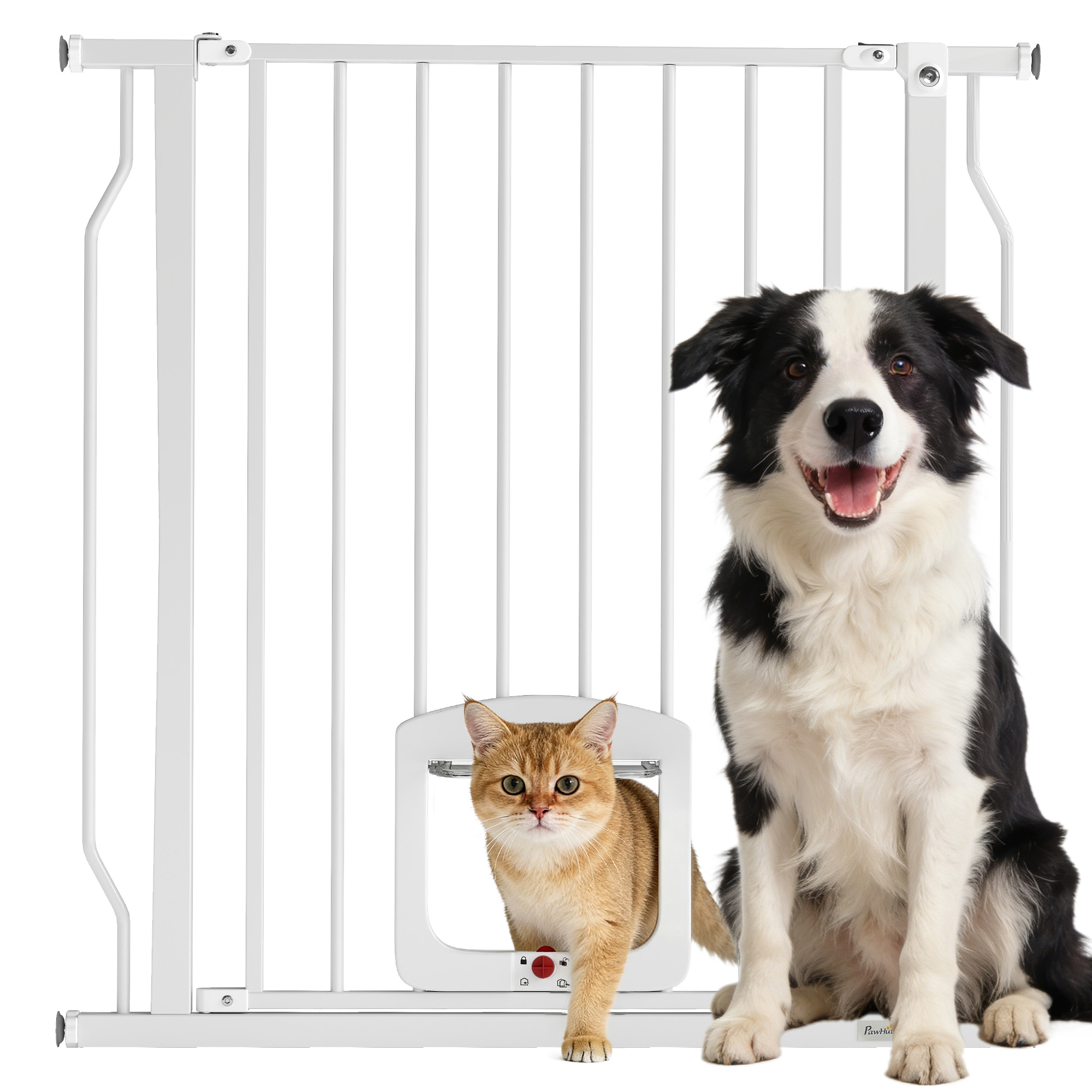 Barrera de Seguridad para Perros Extensible 75-85 cm, para Puertas y Escaleras, Barrera para Perros con Puerta Pequeña, Montaje a Presión, Doble Bloqueo, Blanco