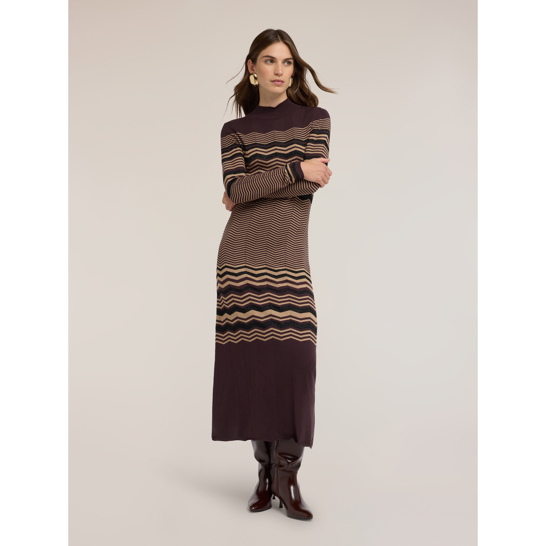 Motivi - Vestito jacquard in maglia lurex con motivo chevron - Marrone
