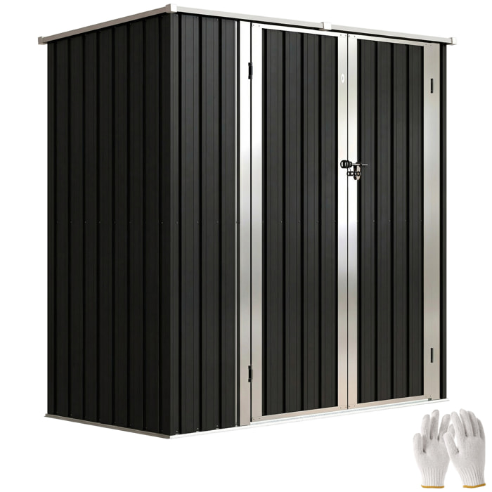 Caseta de Jardín Exterior 1,37 m², 163x89x163 cm, Cobertizo de Jardín Exterior Metálico con Techo Inclinado, Puertas con Pestillo y Guantes para Almacenamiento de Herramientas, Gris Oscuro