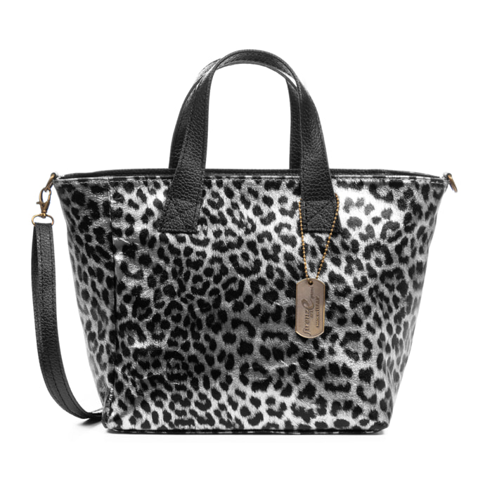 Cassandra bolso tote mujer. Piel auténtica Gamuza, animal print leopardo, lacado brillante.