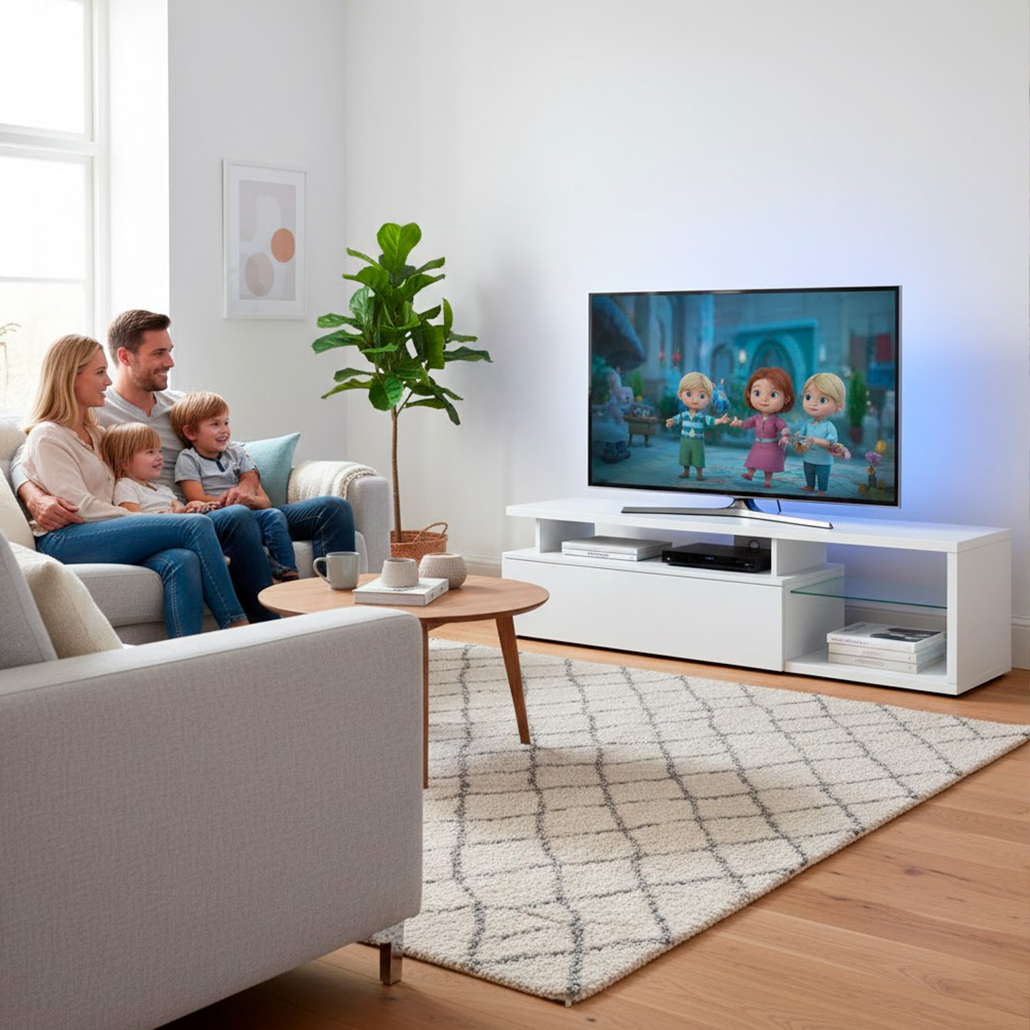 Mobile TV Con Mensola In Vetro 3 Vani A Giorno E Anta Senza Maniglie Parete Attrezzata Salotto Soggiorno Design Minimal 160 x 41 x 45 Cm Bianco