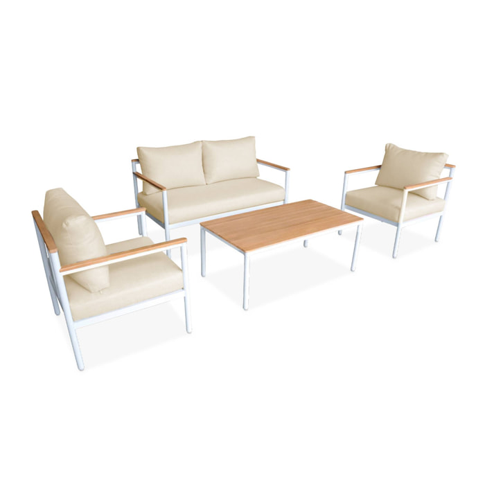 Salon de jardin 4 places ARNEDO structure blanche coussins beiges. aluminium et bois d'acacia