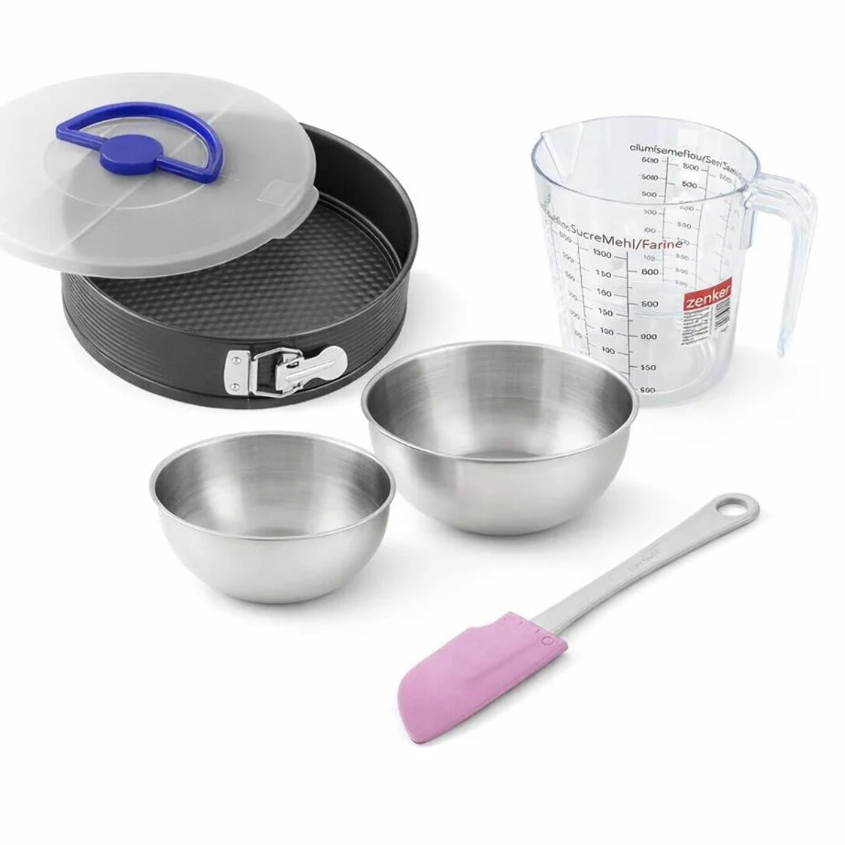 Set pâtisserie avec moule à manqué 26 cm, 2 bols à mixer, verre mesureur et spatule Zenker