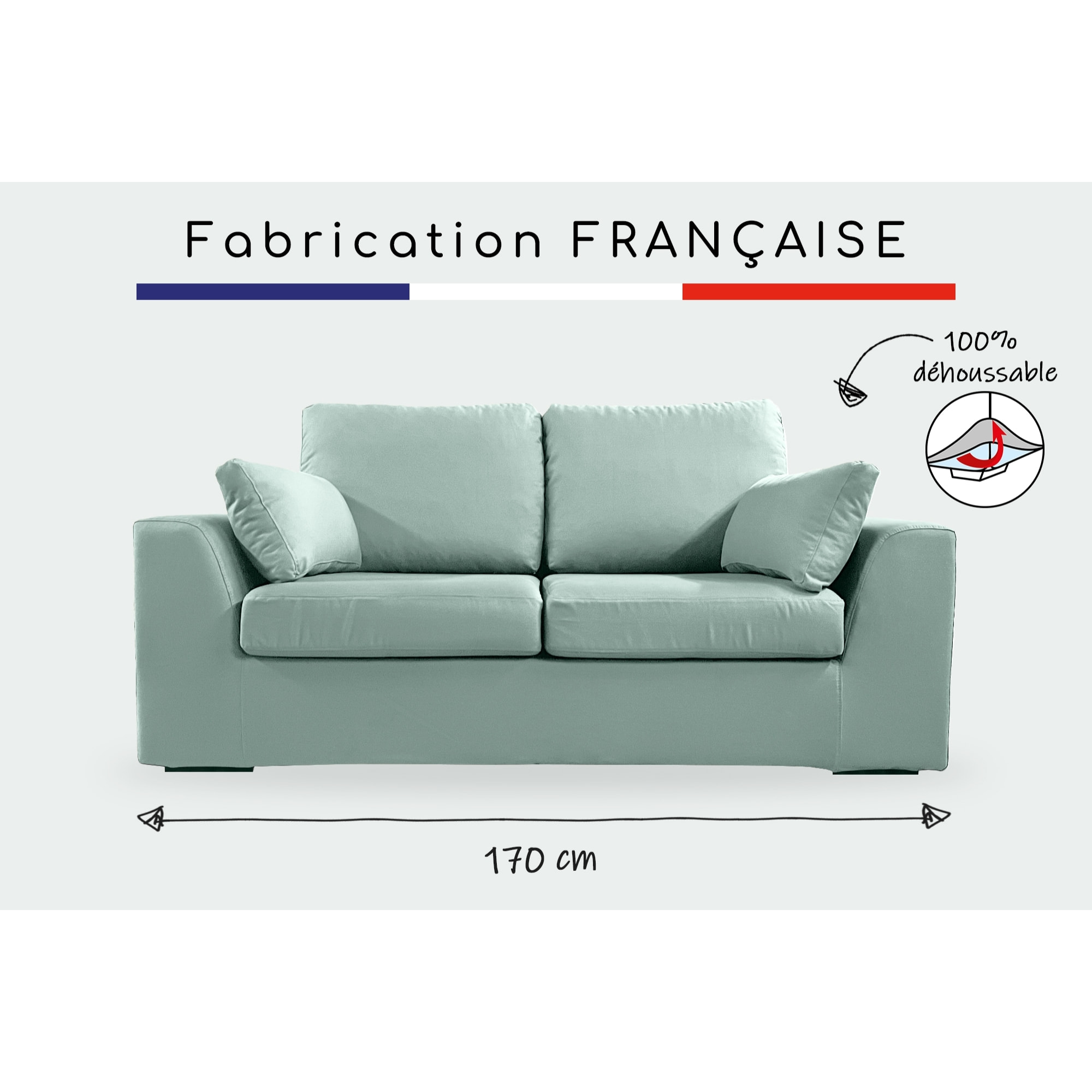 Canapé 2 pl TRESSIN 170 cm fixe tissu coton Céladon - 100% déhoussable - Fab. France