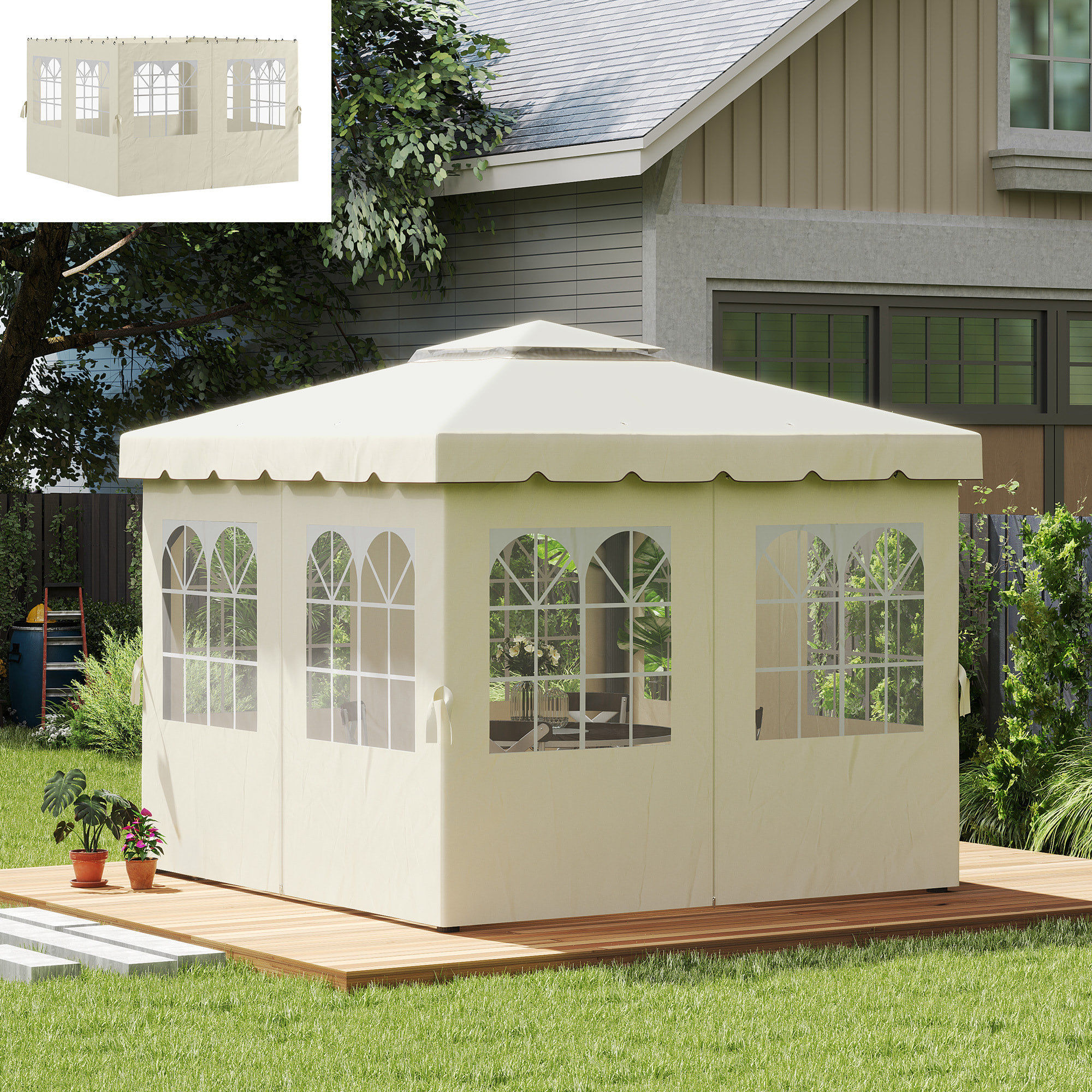 4 Paredes Laterales para Cenador 3x3 m Laterales de Carpa con Ganchos 8 Ventanas Protección UV Reemplazo Lateral para Carpa de Jardín Exterior Fiesta Crema