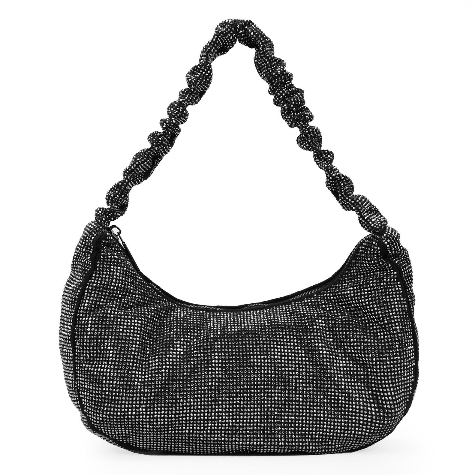 Bolso de hombro negro con brillantes y asa con pliegues