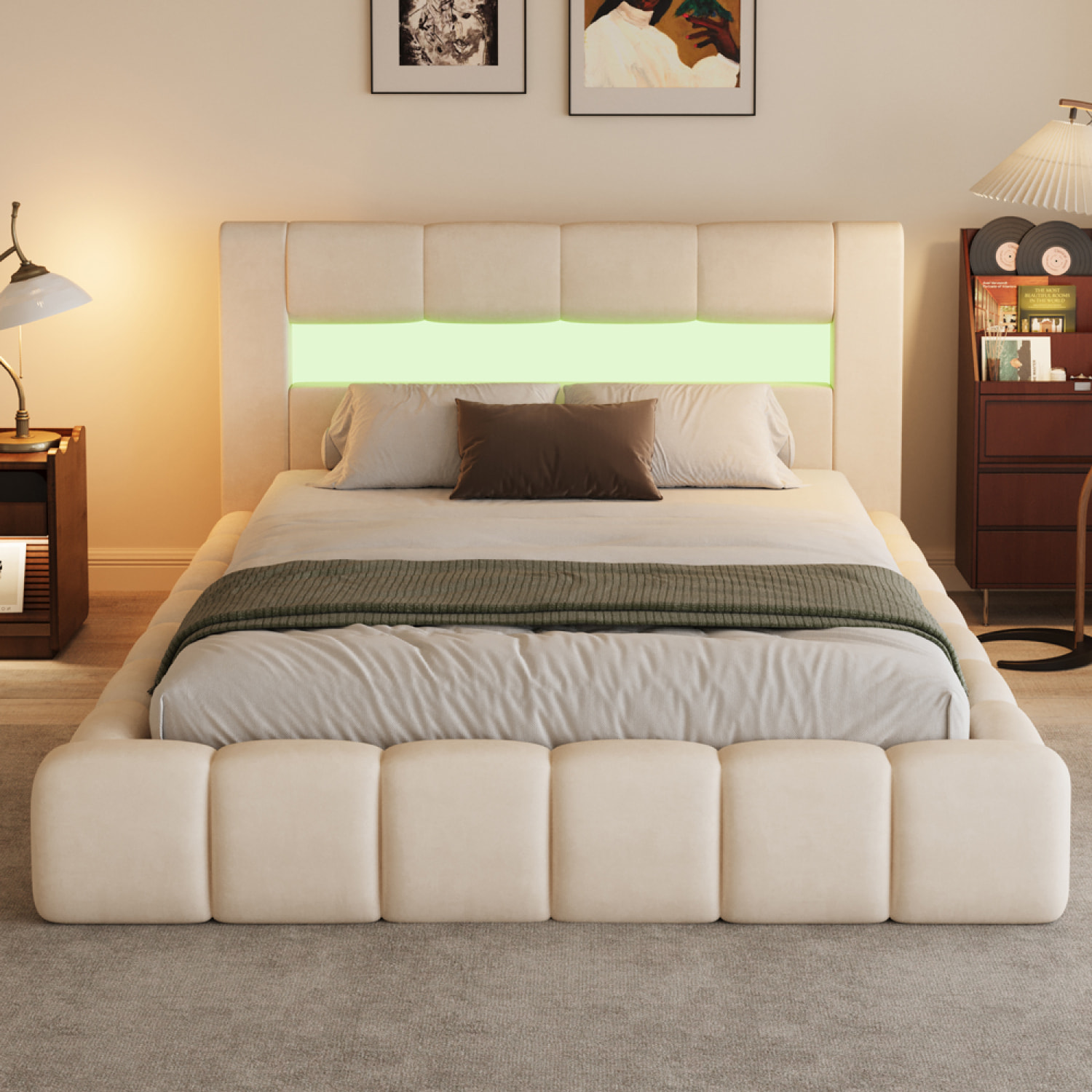 MAKILA Lit nuage coffre LED 160x200cm velours beige avec tête de lit et sommier