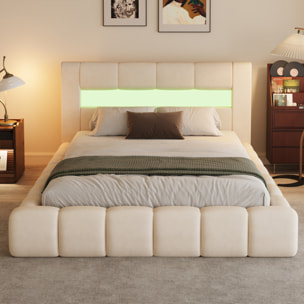 MAKILA Lit nuage coffre LED 160x200cm velours beige avec tête de lit et sommier
