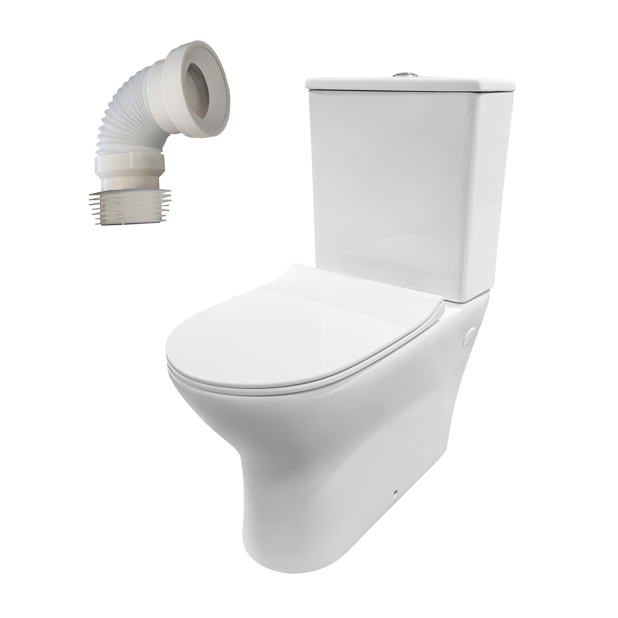 Pack WC A6 + Manguito conector | Inodoro de ceramica | Manguito extensible 150-470mm | WC con Tapa amortiguada | Doble descarga | Salida dual | Alday