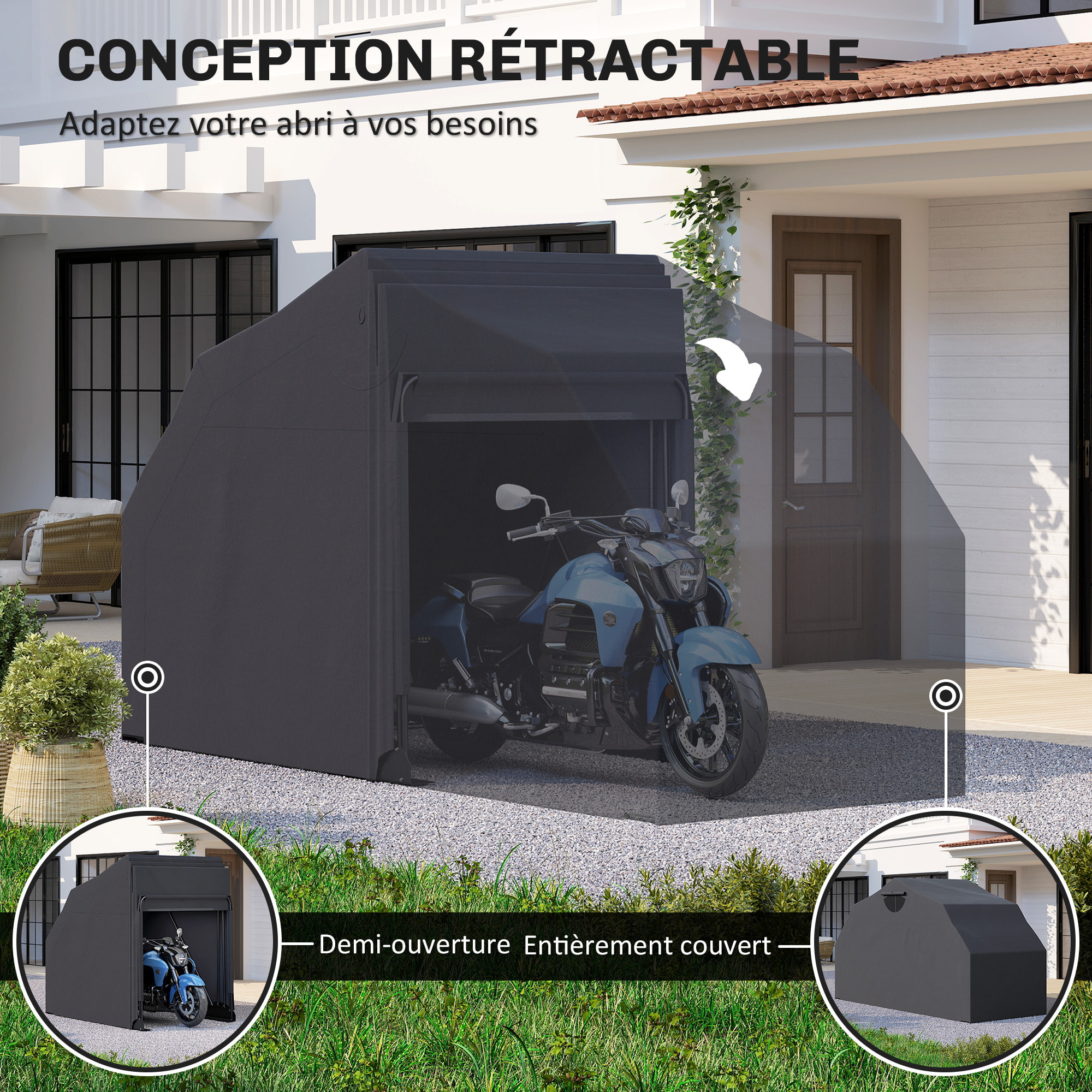 Abri moto extérieur pliable housse imperméable 3 couches support métal 2 fenêtres enroulables noir