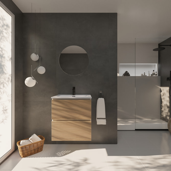 Yinu Salle de Bain | 60 cm Blanc - Solomon | Deux Tiroirs | Lavabo Encastré | N'inclut pas le Miroir | Alday