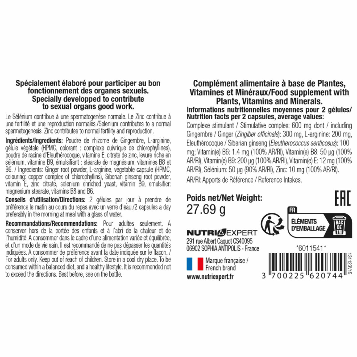 NUTRI EXPERT - Natura Gold - Booste la Fertilité & Améliore les Capacités Érectiles - Stimule la Libido et l?Énergie Sexuelle - L-Arginine, Gingembre, Sélénium, Zinc & Vitamines - Cure 30 jours