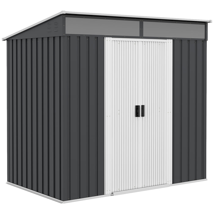 Caseta de Jardín 2 m² 195x122x181,5 cm Cobertizo Exterior Metálico con Base Puerta Corredera 2 Ventanas y Anti-UV para Almacenar Herramientas en Terraza Patio Gris Oscuro