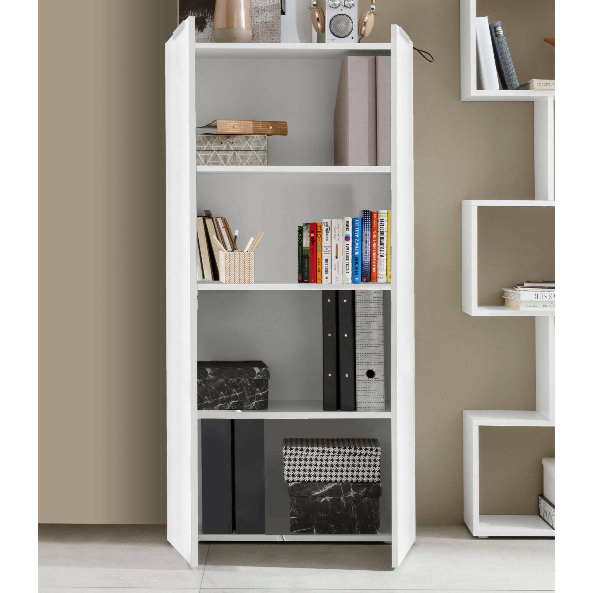 Libreria Dcuratol, Mobile portalibri con 4 vani, Biblioteca, 70x35h140 cm, Bianco