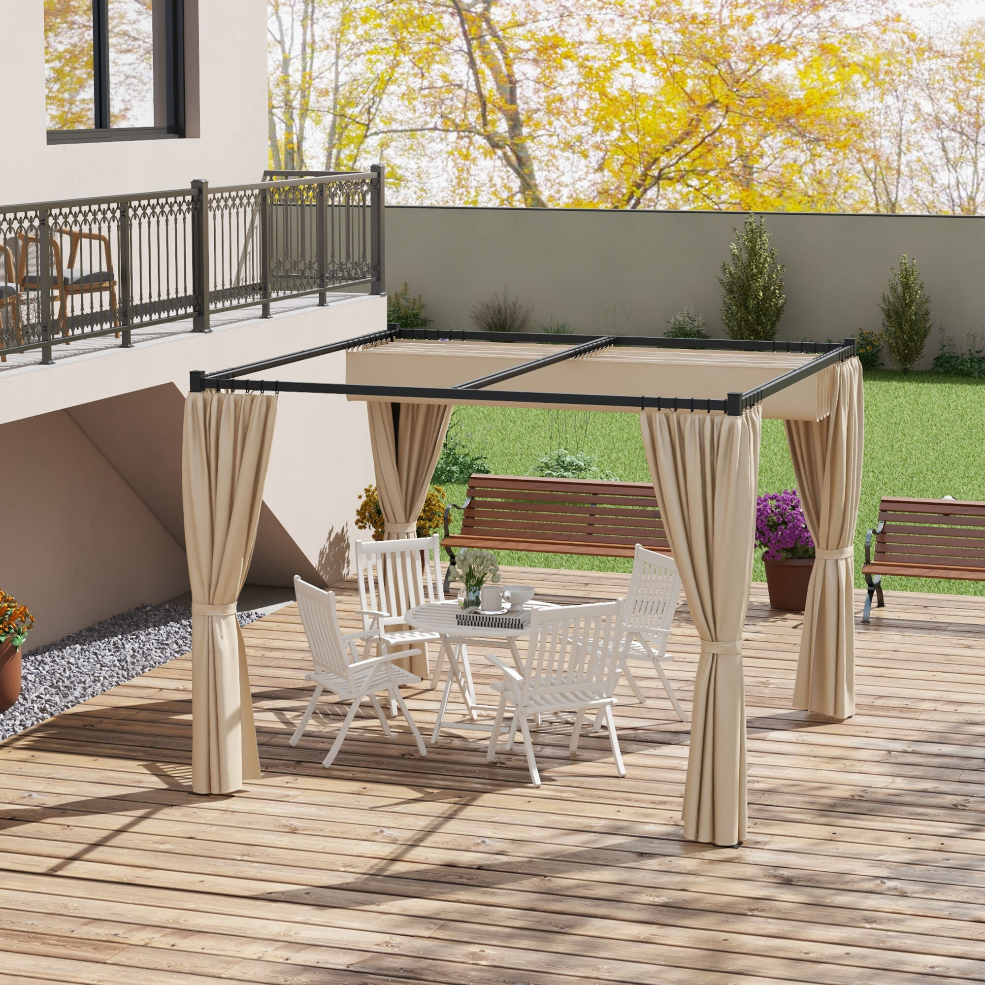 Pérgola de Jardín 3x3 m Cenador para Exterior con Techo y Paredes Laterales Retráctil Marco Metálico Impermeable para Terraza Patio Beige