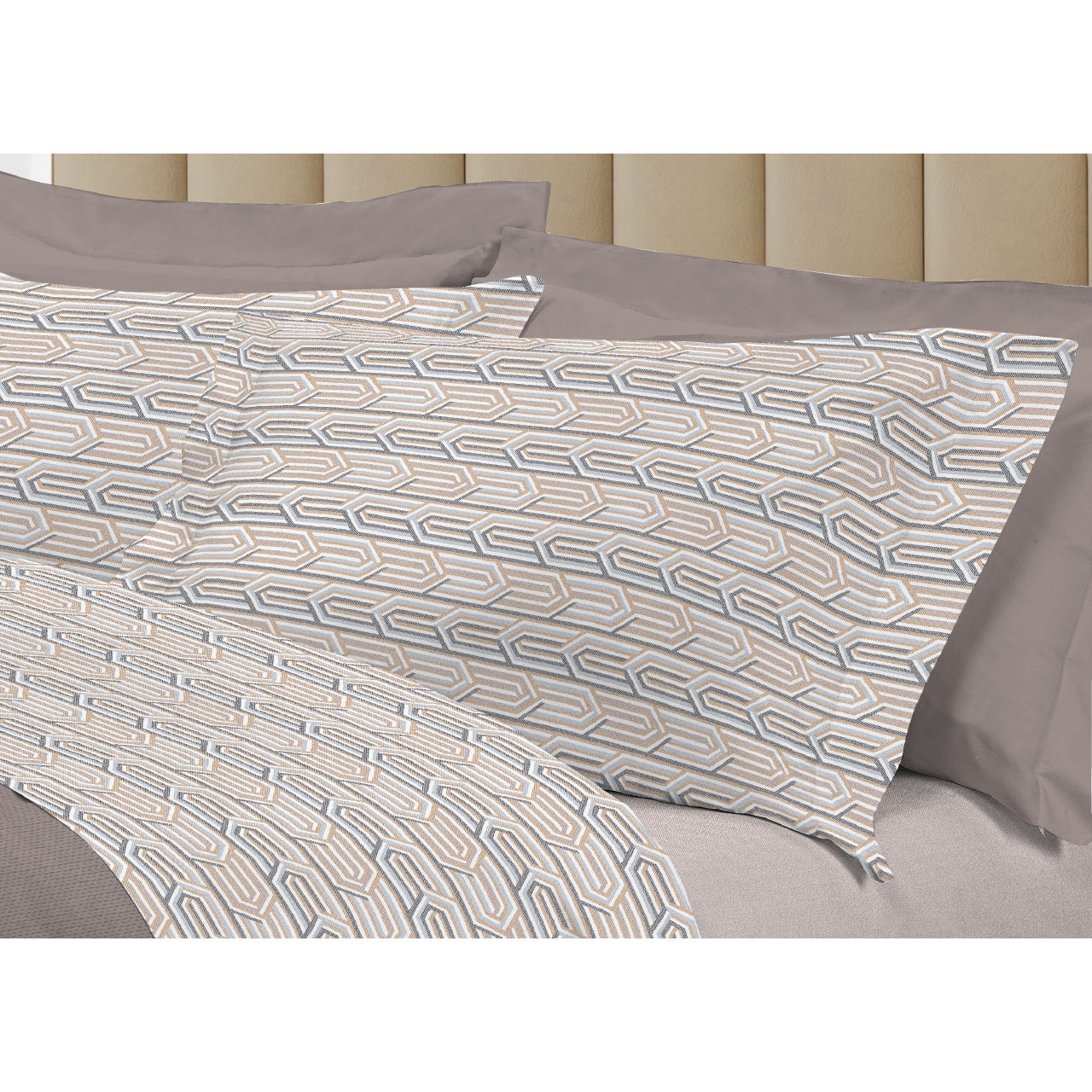 Completo Lenzuola Linea 3027 In Percalle Fantasia Geometrico Disegno Henry Beige