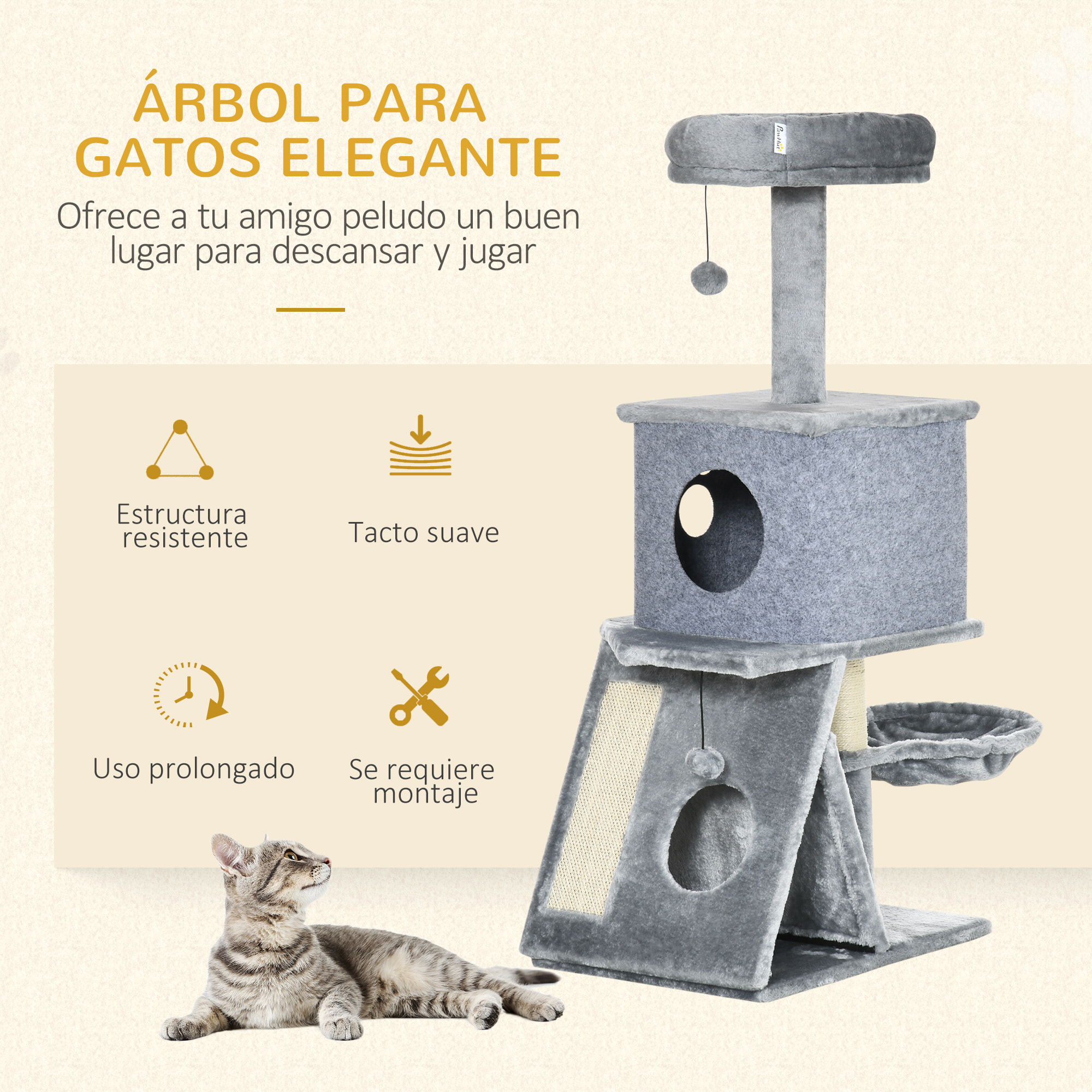 Árbol Rascador para Gatos Altura 111 cm con Cama Cueva Hamaca Bola Colgante Gris