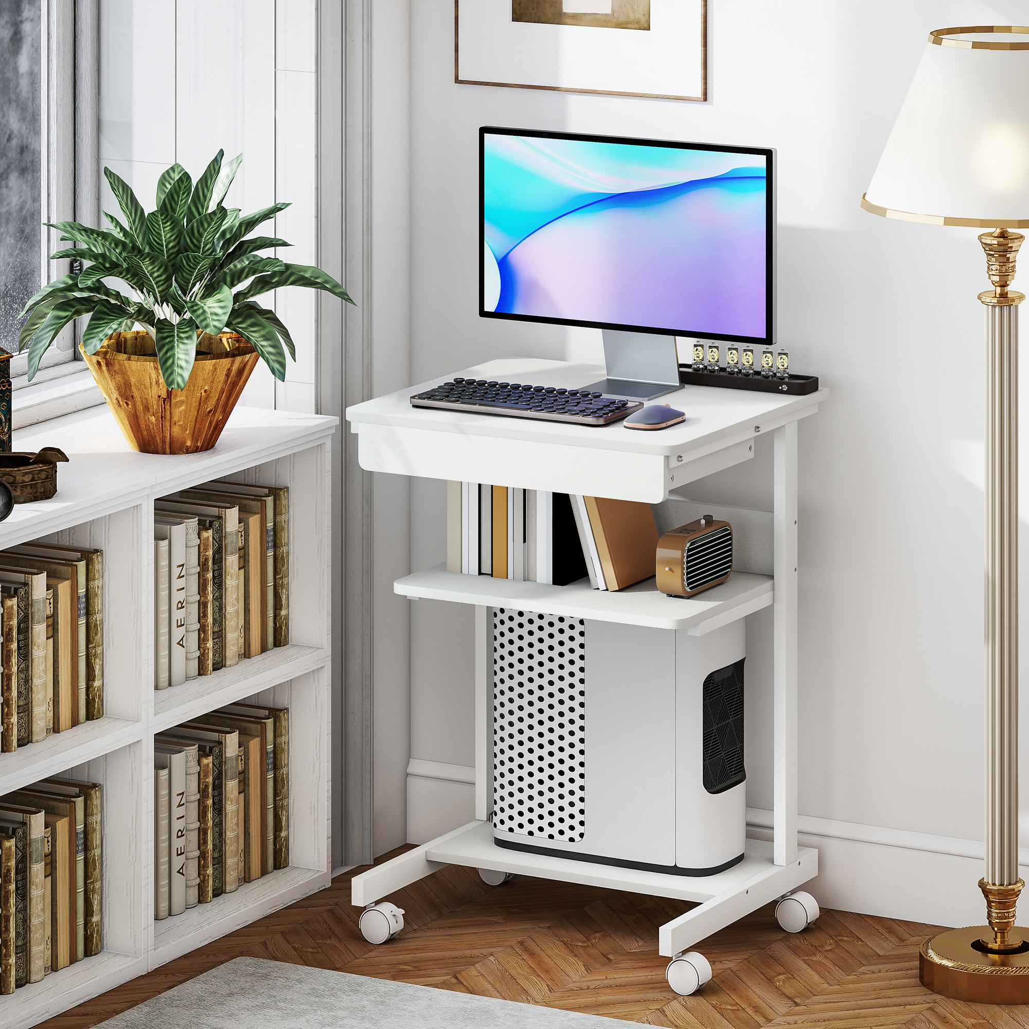 Bureau informatique roulant - bureau mobile - table d'ordinateur - tiroir coulissant 2 étagères - blanc naturel