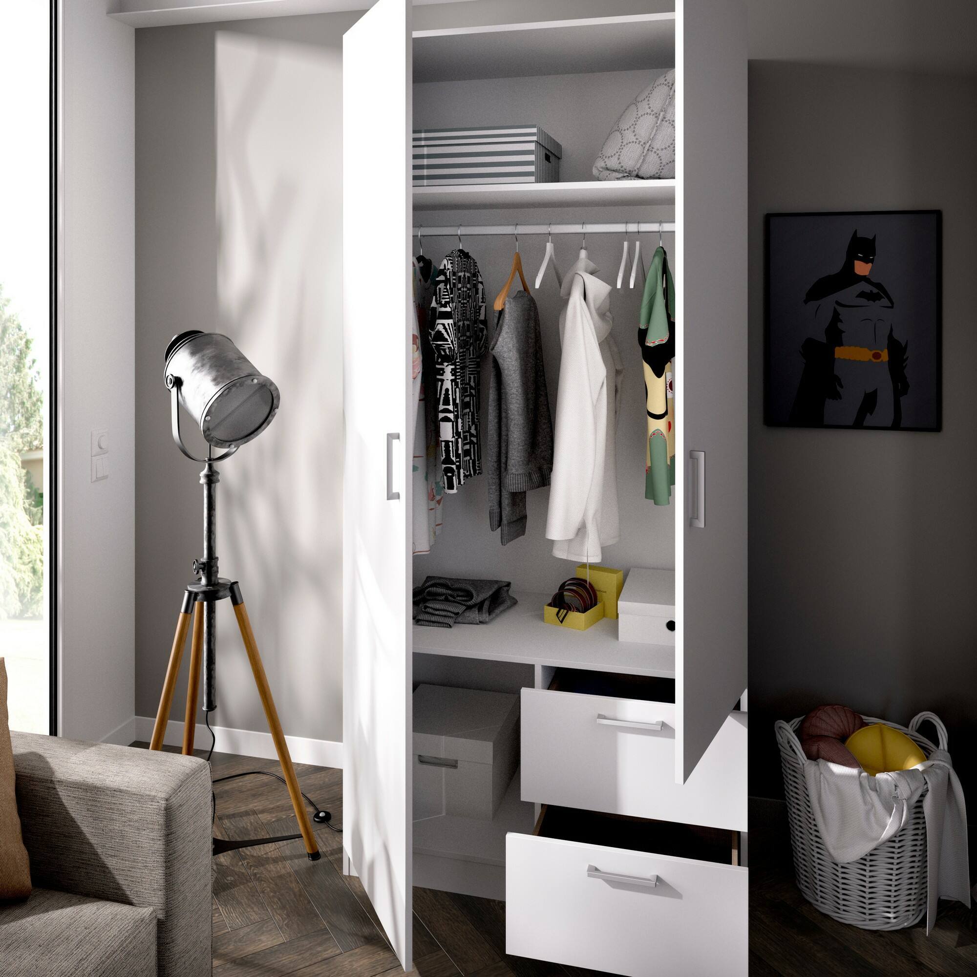 Guardaroba 2 ante Amp, Mobile appendiabiti per camera da letto, Armadio 2 cassetti, 100x52h215 cm, Bianco