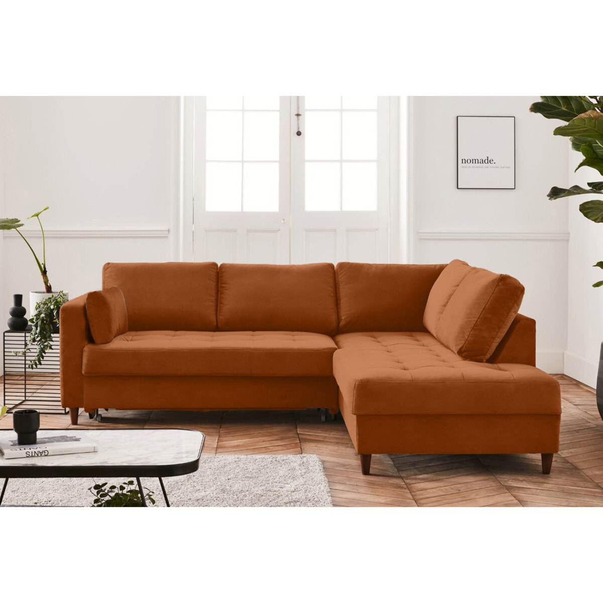 Anna - canapé d'angle droit - 5 places - convertible - en velours - Rouille