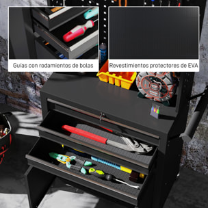 Carro de Herramientas con 3 Cajones y Tabla de Pegboard, Carro de Taller, Cerradura por Llave, Estante Ajustable, 2 Ruedas con Freno de Bloqueo, Negro