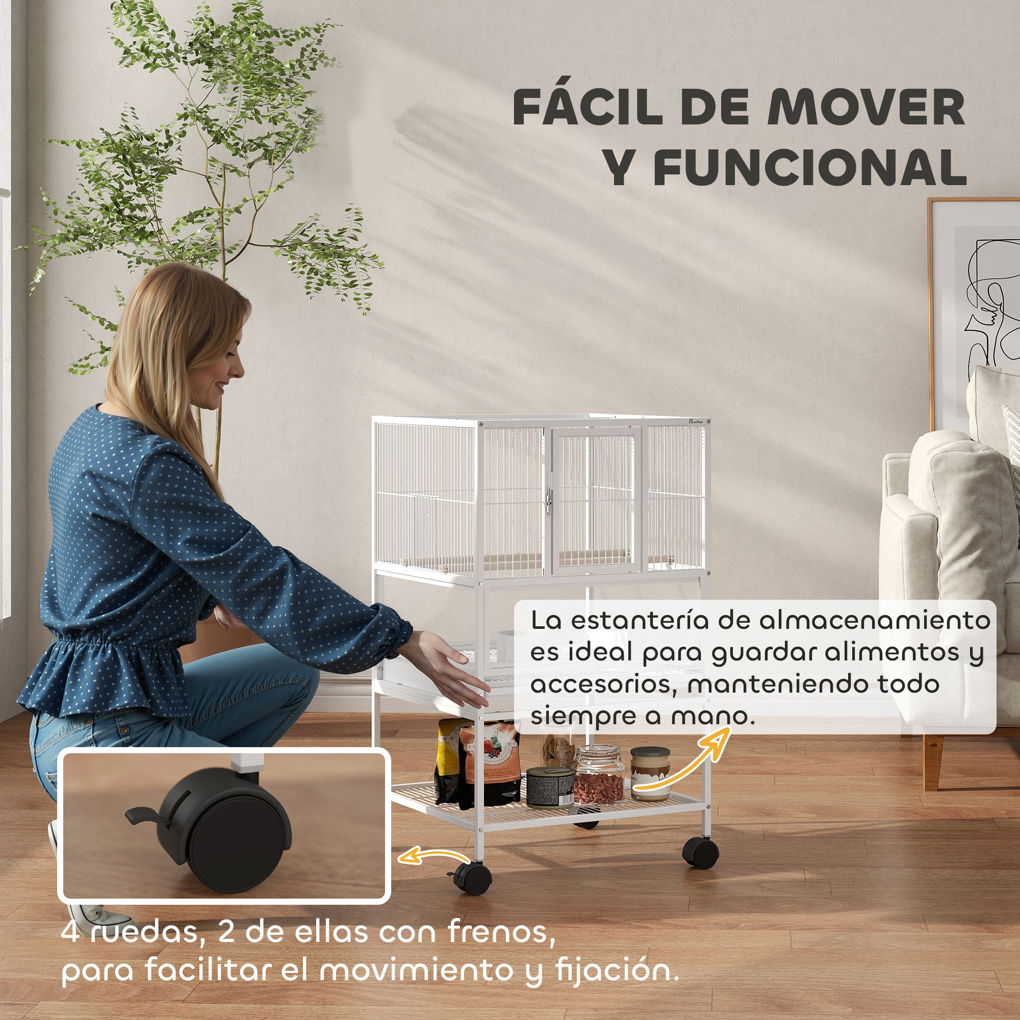 Jaula para Pájaros Jaula Grande con Ruedas Paneles Acrílicos Comederos Perchas Estante Bandejas Extraíbles Pajarera para Loros Canarios 48x46x83 cm Blanco