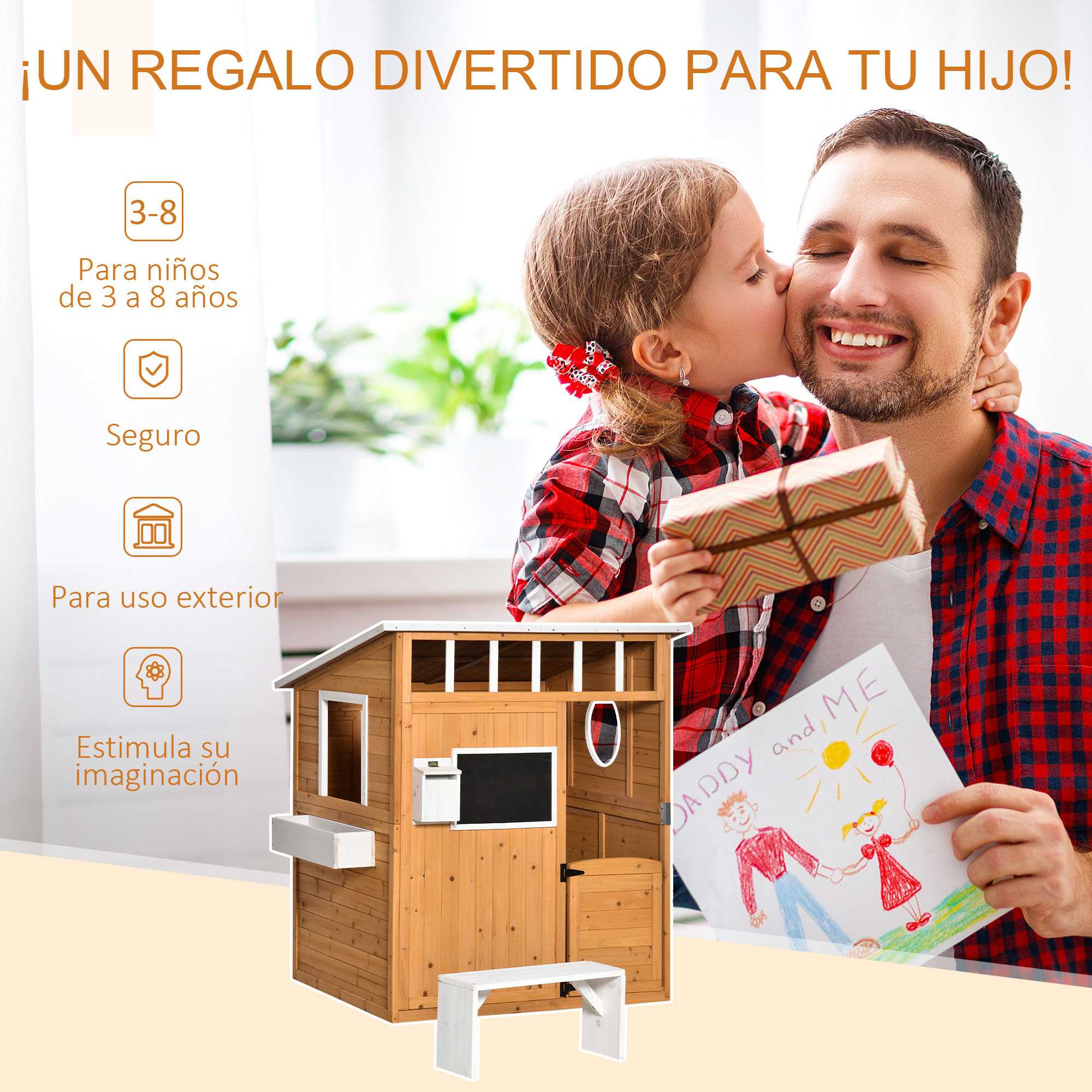 Casa Infantil de Madera +3 Años con Mesita Banco Buzón 122x108x135,5 cm Natural