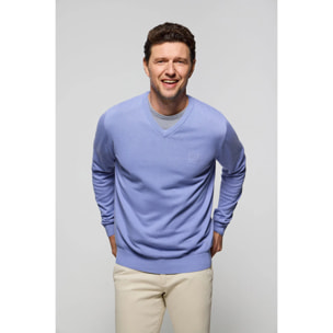 Maglione basic con collo a v blu lavanda con logo ricamato tono su tono