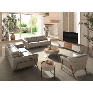 Sofá relax de 2 plazas tapizado en piel de origen vacuno en arena con reposacabezas patas de acero inoxidable oscurecido 2 sistemas de relax eléctrico 164x111x104cm