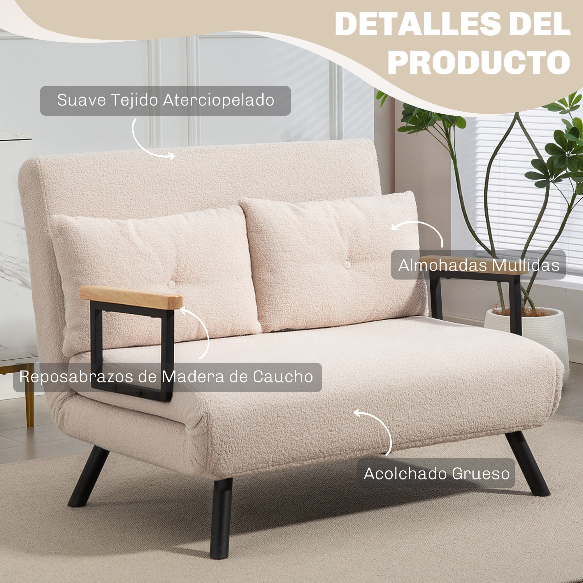 Sofá Cama de 2 Plazas 4 en 1 Sofá Cama Plegable Tapizado en Borreguito con Respaldo Ajustable de 5 Niveles y Almohadas Acolchadas para Oficina Dormitorio Salón 102x73x81 cm Beige