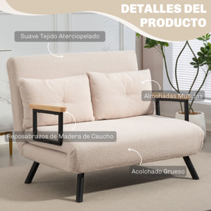 Sofá Cama de 2 Plazas 4 en 1 Sofá Cama Plegable Tapizado en Borreguito con Respaldo Ajustable de 5 Niveles y Almohadas Acolchadas para Oficina Dormitorio Salón 102x73x81 cm Beige