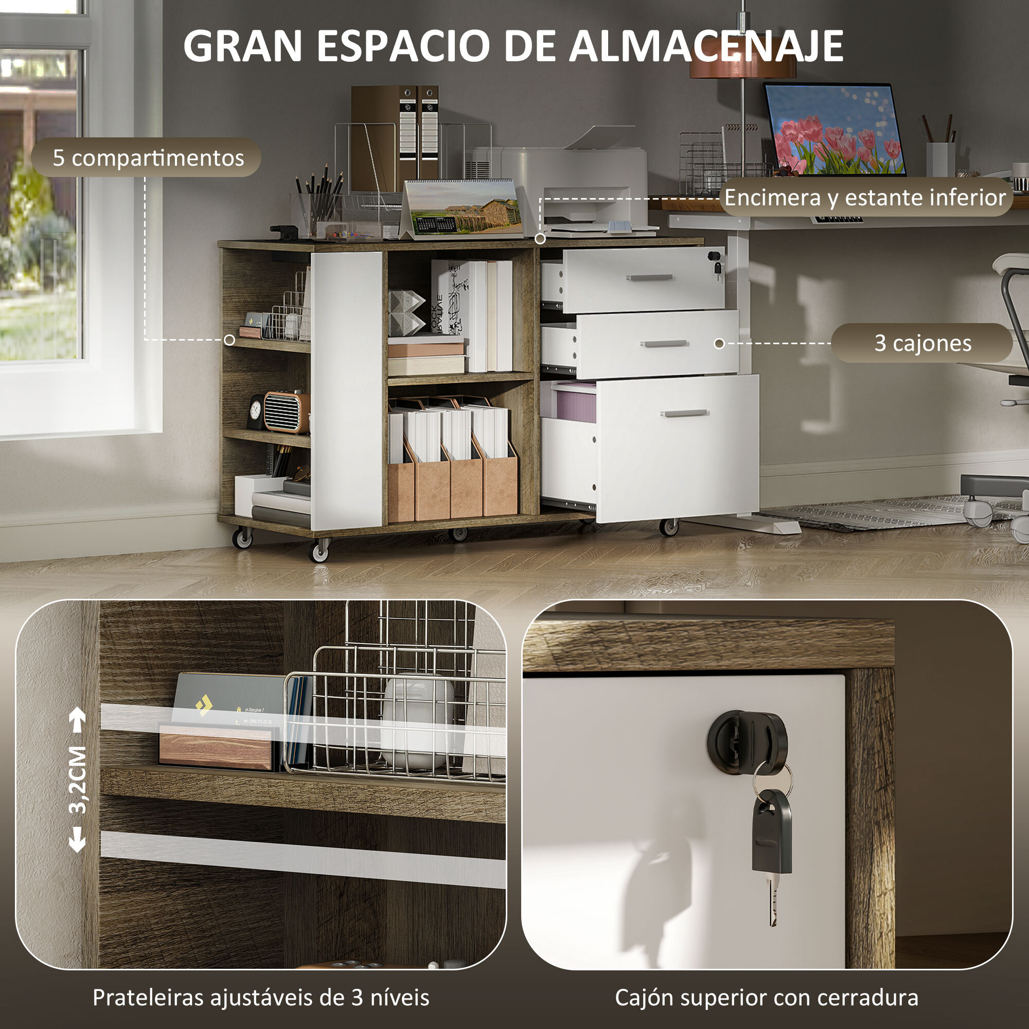 Cajonera de Oficina con Ruedas Mueble Archivador con 3 Cajones Cajonera para Escritorio con Estación de Carga Cerradura y Estantes 100x40x65,5 cm Marrón Grisáceo