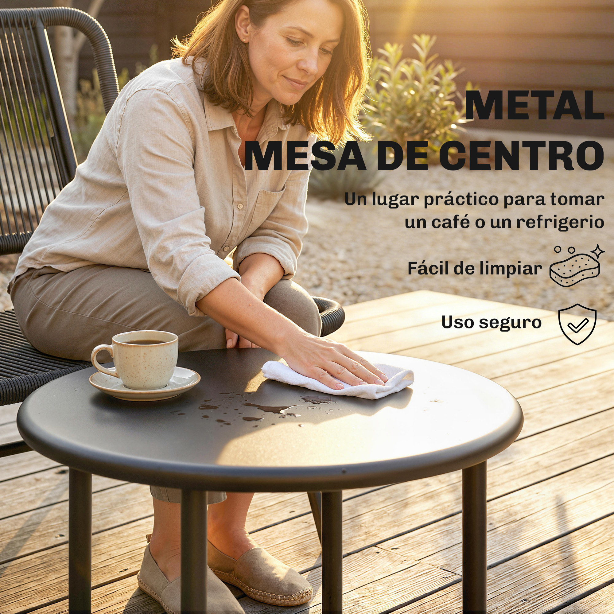 Conjunto de Jardín Exterior de Ratán, Conjunto Terraza Resistente a la Intemperie, Muebles Jardín Exterior 4 Piezas Incluye Sofá de 2 Plazas, 2 Sillas, Mesa de Centro con Tapa Metálica, Negro