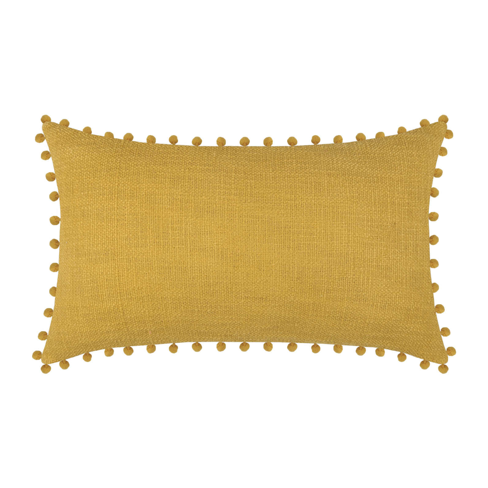 Coussin rectangulaire en coton déhoussable à pompons - Jaune moutarde