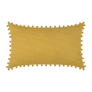 Coussin rectangulaire en coton déhoussable à pompons - Jaune moutarde