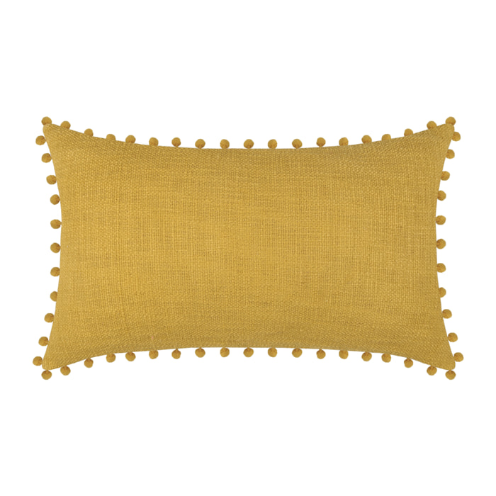 Coussin rectangulaire en coton déhoussable à pompons - Jaune moutarde